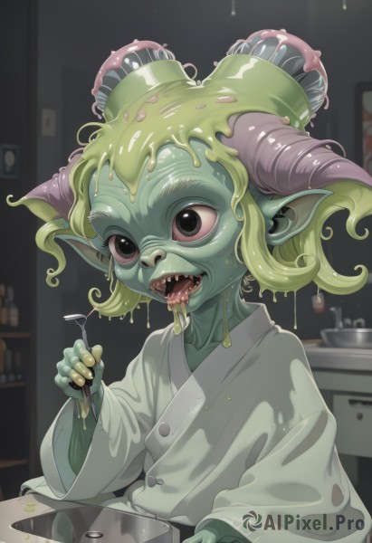 1girl,solo,short hair,open mouth,long sleeves,holding,upper body,green hair,horns,teeth,tongue,pointy ears,indoors,tongue out,medium hair,black eyes,wet,saliva,colored skin,sharp teeth,monster girl,child,robe,female child,green skin,dripping,slime (substance),white robe,horizontal pupils,1boy,collarbone,male focus,shiny,wide sleeves,blurry,fingernails,buttons,blurry background,horror (theme)