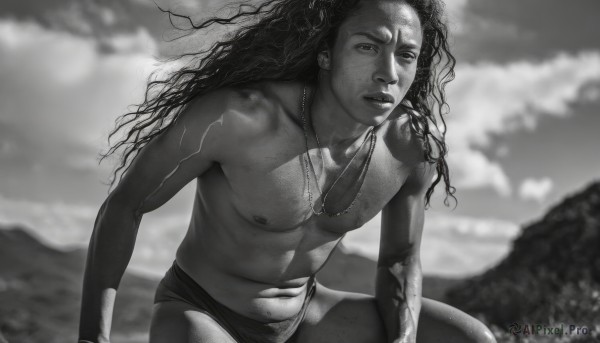 solo,long hair,looking at viewer,1boy,navel,jewelry,nipples,monochrome,greyscale,male focus,outdoors,parted lips,sky,cloud,dark skin,necklace,blurry,lips,blurry background,cloudy sky,freckles,topless male,realistic,male underwear,tooth necklace,sitting,collarbone,torn clothes,arm support,facial mark,abs,pectorals,curly hair,toned,toned male