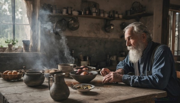 solo,shirt,long sleeves,1boy,holding,sitting,upper body,white hair,grey hair,male focus,food,day,collared shirt,indoors,vest,cup,window,facial hair,chair,table,blue shirt,plant,curtains,steam,beard,plate,smoke,bowl,spoon,mustache,basket,potted plant,old,old man,cooking,kitchen,counter,wooden table,soup,closed mouth,jacket,from side,tree,profile,fruit,sunlight,bottle,sleeves rolled up,realistic,ladle,jar,wrinkled skin