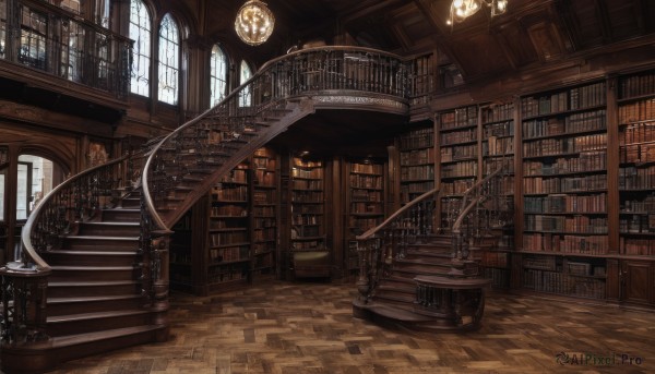 day,indoors,book,no humans,window,sunlight,scenery,light rays,wooden floor,stairs,door,railing,bookshelf,architecture,sunbeam,library,ceiling,ladder,arch,chandelier,globe,voile,table,lamp,candle,book stack,candlestand