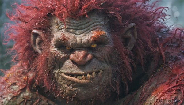 solo,looking at viewer,open mouth,1boy,yellow eyes,male focus,horns,teeth,tongue,blurry,no humans,fangs,sharp teeth,portrait,claws,monster,realistic,tusks,red hair,facial hair,scar,beard,colored sclera,yellow sclera