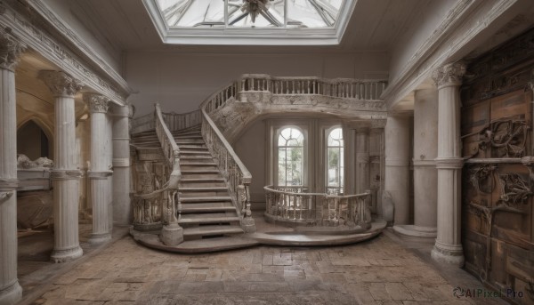 day,indoors,no humans,window,sunlight,scenery,stairs,door,railing,architecture,ruins,pillar,church,arch,chandelier,column,plant,fantasy,statue