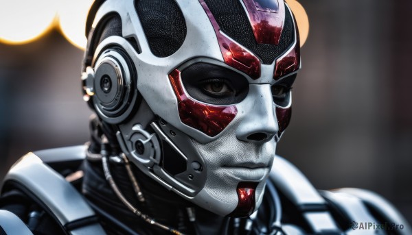 solo,1boy,brown eyes,closed mouth,upper body,male focus,armor,blurry,lips,bodysuit,blurry background,helmet,portrait,science fiction,realistic,power armor,depth of field,close-up