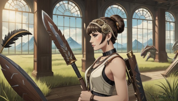 1girl,solo,breasts,blush,short hair,bangs,brown hair,holding,bare shoulders,brown eyes,jewelry,closed mouth,collarbone,upper body,weapon,hairband,earrings,sky,sleeveless,choker,day,sword,cloud,indoors,hair bun,holding weapon,collar,from side,lips,window,profile,animal,holding sword,single hair bun,grass,polearm,sheath,goggles on head,shield,sheathed,mountain,fantasy,hair ornament,sidelocks,small breasts,outdoors,parted lips,solo focus,artist name,blunt bangs,necklace,bracelet,blue sky,crop top,bare arms,cloudy sky,tank top,feathers,wristband,pendant,monster,spear,nose,holding polearm,pillar,weapon on back,holding shield,dinosaur