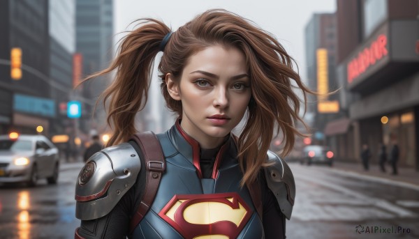 1girl,solo,long hair,looking at viewer,brown hair,twintails,brown eyes,upper body,ponytail,outdoors,solo focus,armor,blurry,lips,bodysuit,depth of field,blurry background,ground vehicle,building,motor vehicle,city,realistic,nose,car,road,police,street,side ponytail,science fiction,shoulder pads