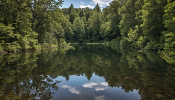 outdoors,sky,day,cloud,water,tree,blue sky,no humans,sunlight,cloudy sky,nature,scenery,forest,reflection,landscape,reflective water,lake