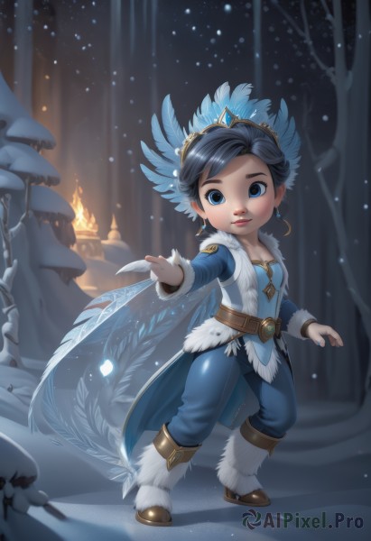 1girl,solo,breasts,looking at viewer,smile,short hair,blue eyes,black hair,hair ornament,long sleeves,jewelry,closed mouth,standing,full body,earrings,boots,outdoors,wings,belt,pants,artist name,chibi,tree,lips,fur trim,night,brown footwear,fire,tiara,feathers,crown,snow,ice,snowing,blue pants,fairy,feather hair ornament,winter,fur-trimmed boots,cleavage,blue hair,weapon,small breasts,cape,nail polish,coat,bare tree