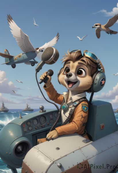 solo,smile,open mouth,brown hair,shirt,1boy,holding,brown eyes,sitting,jacket,male focus,outdoors,sky,day,tongue,cloud,water,blue sky,military,bird,headphones,ocean,animal,goggles,microphone,furry,flying,goggles on head,brown jacket,aircraft,military vehicle,airplane,furry male,watercraft,holding microphone,ship,seagull,bomber jacket,warship,pilot,long sleeves,animal ears,upper body,teeth,artist name,signature,tongue out,star (symbol),uniform,vest,military uniform,fangs,robot,headset,music,horizon,cable,singing,badge,boat,orange jacket,radio,propeller,flock