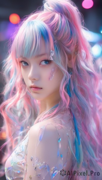 1girl,solo,long hair,breasts,looking at viewer,bangs,blue eyes,dress,bare shoulders,jewelry,medium breasts,closed mouth,blue hair,upper body,ponytail,pink hair,multicolored hair,earrings,blurry,from side,two-tone hair,lips,streaked hair,looking to the side,eyelashes,makeup,depth of field,blurry background,wavy hair,gem,bandaid,realistic,nose,hair ornament,artist name,blunt bangs,facial mark,portrait,armlet,pink lips,bokeh