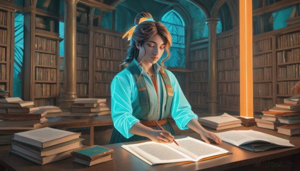 1girl,solo,long hair,smile,brown hair,shirt,black hair,hair ornament,long sleeves,holding,jewelry,sitting,closed mouth,closed eyes,indoors,dark skin,necklace,hair bun,vest,dark-skinned female,book,window,table,single hair bun,blue shirt,robe,paper,open book,bookshelf,pen,pencil,book stack,library,holding pen,writing,quill,bangs,ribbon,hair ribbon,upper body,parted lips,collared shirt,mole,lips,chinese clothes,half updo,holding book,hanfu,bookmark