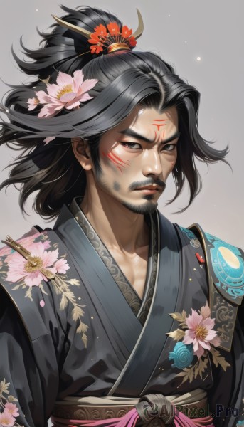 solo,long hair,looking at viewer,simple background,black hair,hair ornament,1boy,closed mouth,collarbone,upper body,ponytail,flower,male focus,japanese clothes,hair flower,kimono,grey background,armor,black eyes,lips,grey eyes,sash,facial hair,facial mark,chinese clothes,floral print,beard,pink flower,serious,forehead mark,mustache,hair stick,manly,realistic,facepaint,peony (flower)