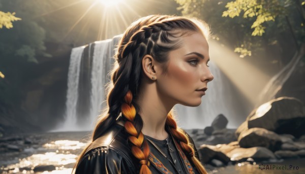 1girl,solo,long hair,brown hair,black hair,brown eyes,jewelry,upper body,braid,red hair,multicolored hair,earrings,outdoors,parted lips,day,water,necklace,orange hair,blurry,twin braids,from side,two-tone hair,tree,lips,eyelashes,profile,sunlight,portrait,nature,freckles,light rays,rock,realistic,nose,stud earrings,river,waterfall,multiple braids,closed mouth,looking away,hair over shoulder