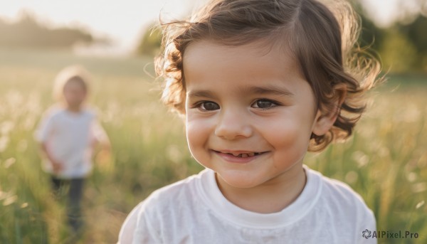 1girl,looking at viewer,smile,short hair,open mouth,brown hair,shirt,1boy,white shirt,upper body,flower,outdoors,multiple boys,teeth,solo focus,day,2boys,blurry,black eyes,depth of field,blurry background,grass,t-shirt,child,realistic,male child,field,brown eyes,male focus,lips,wind,portrait