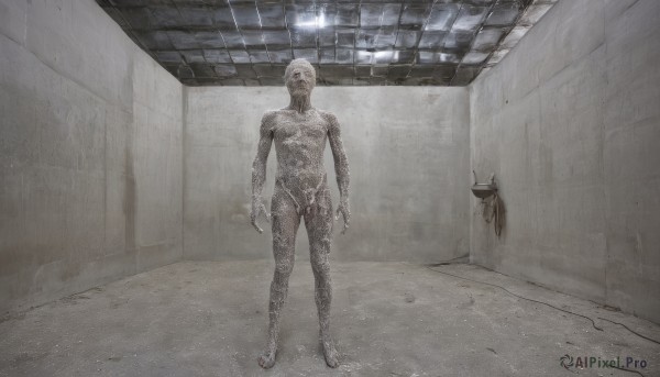 1girl,solo,1boy,standing,monochrome,male focus,nude,indoors,muscular,science fiction,monster,door,arms at sides,bald,alien,horror (theme),hallway,full body,no humans,1other,tiles,statue,grey theme