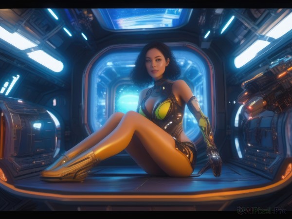 1girl,solo,breasts,looking at viewer,smile,short hair,black hair,gloves,cleavage,bare shoulders,brown eyes,medium breasts,sitting,full body,boots,elbow gloves,dark skin,dark-skinned female,lips,bodysuit,science fiction,realistic,cyborg,cyberpunk,cockpit,pantyhose,medium hair,robot,letterboxed,legs together