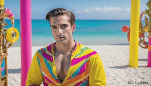 solo,looking at viewer,shirt,black hair,1boy,brown eyes,jewelry,upper body,male focus,earrings,outdoors,sky,day,striped,cloud,dark skin,water,necklace,blurry,blue sky,blurry background,facial hair,ocean,beach,dark-skinned male,pectorals,staff,multicolored clothes,yellow shirt,realistic,sand,horizon,partially unbuttoned,chest hair,pectoral cleavage,hawaiian shirt,short hair,closed mouth,muscular,shadow,muscular male,holding staff