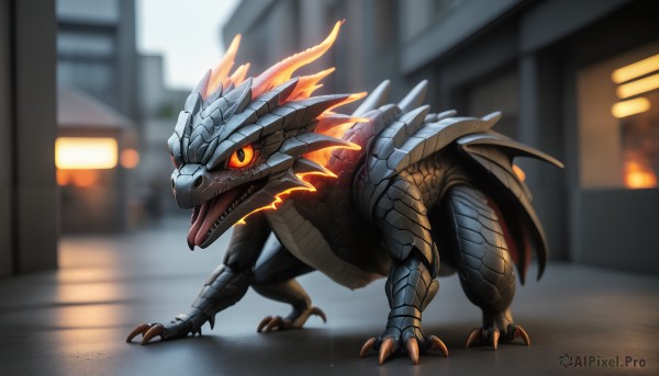 HQ,solo,looking at viewer,open mouth,standing,tail,full body,outdoors,teeth,tongue,blurry,orange eyes,pokemon (creature),no humans,blurry background,fangs,fire,sharp teeth,building,claws,spikes,colored sclera,city,dragon,scales,animal focus,kaijuu,red eyes,monster,black sclera