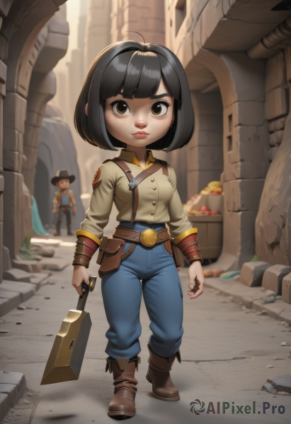 1girl,breasts,looking at viewer,short hair,bangs,shirt,black hair,long sleeves,1boy,hat,holding,brown eyes,medium breasts,closed mouth,standing,jacket,full body,weapon,boots,outdoors,food,solo focus,day,collared shirt,belt,pants,sword,artist name,blunt bangs,bag,chibi,holding weapon,blurry,lips,blurry background,brown footwear,bob cut,thick eyebrows,denim,walking,pouch,yellow shirt,jeans,rock,blue pants,brown belt,ruins,bread,belt pouch,alley,uniform,black eyes,holding sword