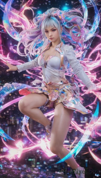 1girl,solo,long hair,breasts,looking at viewer,bangs,skirt,hair ornament,red eyes,long sleeves,navel,cleavage,jewelry,medium breasts,blue hair,collarbone,jacket,full body,ponytail,weapon,pink hair,hair bow,multicolored hair,parted lips,open clothes,shoes,midriff,blurry,two-tone hair,open jacket,lips,thigh strap,white footwear,floating,realistic,purple hair,shorts,pink eyes,night,glowing,sneakers