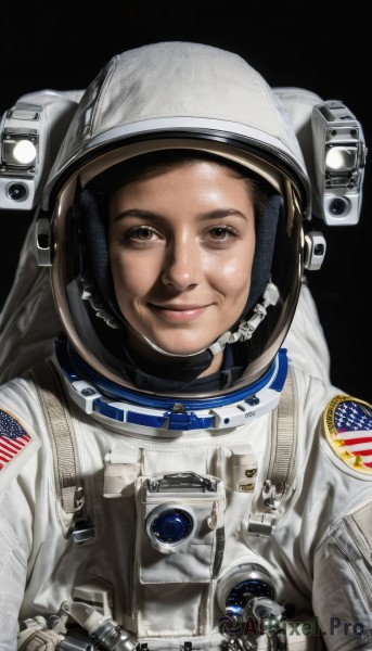 1girl,solo,looking at viewer,smile,simple background,black hair,1boy,brown eyes,closed mouth,upper body,male focus,lips,helmet,black background,science fiction,realistic,camera,american flag,spacesuit,japanese flag,united states,astronaut,freckles,reflection,flag print,space helmet,american flag print