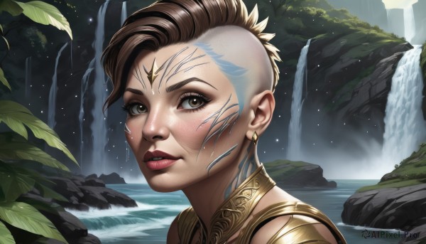 1girl,solo,looking at viewer,short hair,brown hair,brown eyes,jewelry,earrings,outdoors,parted lips,teeth,water,lips,wet,eyelashes,tattoo,makeup,leaf,facial mark,portrait,nature,freckles,realistic,nose,very short hair,waterfall,close-up,asymmetrical hair,undercut,facial tattoo