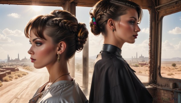 short hair,blue eyes,multiple girls,brown hair,hair ornament,2girls,brown eyes,jewelry,upper body,braid,earrings,sky,day,cloud,necklace,hair bun,from side,lips,window,profile,makeup,sunlight,single hair bun,building,scenery,realistic,nose,back-to-back,bangs,dress,closed mouth,outdoors,parted lips,black dress,blue sky,eyelashes,lipstick,sun,desert,symmetry,contrast