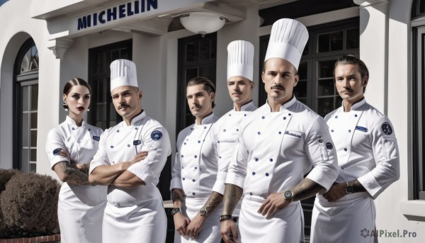 looking at viewer,brown hair,black hair,hat,standing,male focus,multiple boys,indoors,black eyes,tattoo,buttons,facial hair,parody,crossed arms,dark-skinned male,building,beard,6+boys,watch,realistic,mustache,double-breasted,wristwatch,5boys,bald,manly,chef hat,chef,short hair,dark skin,apron,muscular,veins,goatee,very short hair,arm hair