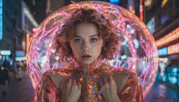 1girl,solo,looking at viewer,short hair,open mouth,blue eyes,brown hair,hair ornament,dress,bare shoulders,jewelry,upper body,earrings,parted lips,teeth,necklace,blurry,lips,hands up,night,depth of field,blurry background,wavy hair,red dress,ring,tiara,gem,forehead,clenched hands,curly hair,crystal,city,realistic,fantasy,straight-on,city lights,red hair,outdoors,solo focus,nail polish,makeup,lipstick,portrait,road,street,bokeh