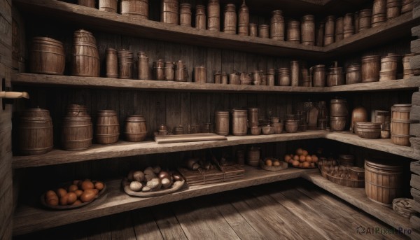 food,indoors,no humans,fruit,bottle,scenery,plate,wooden floor,basket,bread,shelf,food focus,jar,barrel,table,bowl,orange (fruit),still life,counter,crate