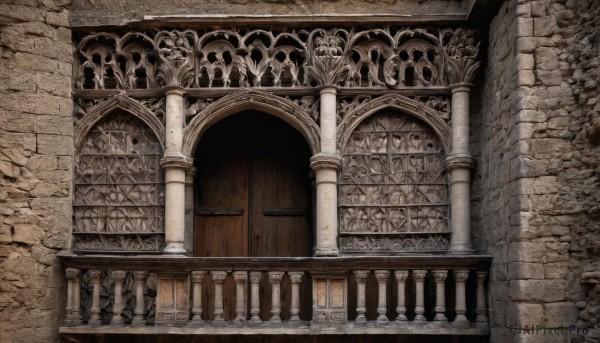 indoors,no humans,traditional media,scenery,stairs,door,wall,architecture,pillar,arch,column,outdoors,railing,gate