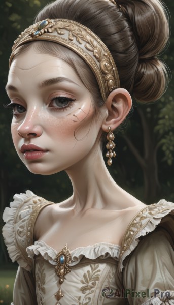 1girl,solo,looking at viewer,brown hair,dress,jewelry,collarbone,upper body,short sleeves,earrings,outdoors,frills,parted lips,puffy sleeves,hair bun,blurry,black eyes,puffy short sleeves,lips,grey eyes,eyelashes,makeup,blurry background,single hair bun,tiara,gem,portrait,freckles,realistic,hair pulled back,blush,brown eyes,closed mouth,hairband,mole,mole under eye,nose