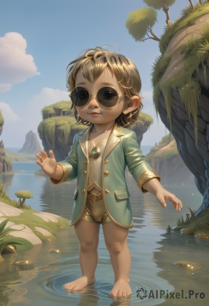 1girl,solo,looking at viewer,smile,short hair,bangs,blonde hair,brown hair,shirt,long sleeves,jewelry,closed mouth,standing,jacket,full body,outdoors,parted lips,open clothes,sky,glasses,shorts,barefoot,day,pointy ears,belt,cloud,water,necklace,flat chest,bracelet,open jacket,tree,blue sky,lips,short shorts,buttons,sunglasses,grass,messy hair,gem,child,wading,reflection,rock,round eyewear,green shirt,female child,ripples,brown shorts,pond,brown-framed eyewear,feet,toes,pendant,green jacket,lake