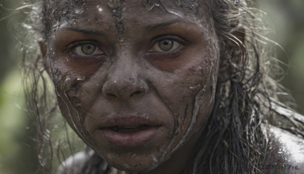 1girl,solo,long hair,looking at viewer,brown eyes,jewelry,closed mouth,yellow eyes,braid,white hair,grey hair,signature,dark skin,blurry,dark-skinned female,lips,wet,eyelashes,depth of field,blurry background,portrait,close-up,realistic,nose,1boy,male focus,facial hair,beard,freckles