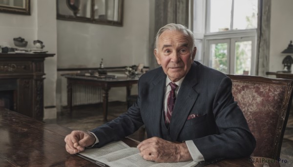 solo,looking at viewer,smile,short hair,shirt,long sleeves,1boy,holding,sitting,closed mouth,jacket,white shirt,upper body,white hair,grey hair,male focus,necktie,striped,collared shirt,indoors,signature,cup,black jacket,book,window,facial hair,scar,chair,formal,table,suit,red necktie,open book,realistic,pen,lamp,old,old man,photo background,wrinkled skin,glasses,blurry,depth of field,blurry background,phone,wing collar,breast pocket,manly,striped necktie,diagonal stripes,purple necktie,black suit,painting (object),office,diagonal-striped necktie,pinstripe suit