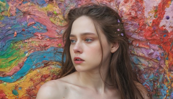 1girl,solo,long hair,blue eyes,brown hair,bare shoulders,collarbone,upper body,nude,parted lips,teeth,lips,looking to the side,looking away,portrait,realistic,painting (medium),green eyes,traditional media,nose,watercolor (medium),colorful,abstract