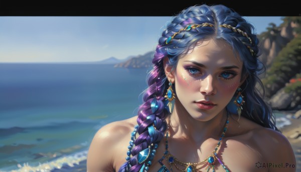 1girl,solo,long hair,looking at viewer,blush,blue eyes,hair ornament,bare shoulders,jewelry,blue hair,collarbone,upper body,purple hair,braid,multicolored hair,earrings,outdoors,parted lips,day,dark skin,water,necklace,blurry,two-tone hair,dark-skinned female,lips,wet,looking to the side,single braid,makeup,depth of field,blurry background,ocean,looking away,beach,lipstick,letterboxed,gem,portrait,freckles,beads,realistic,red lips,blue gemstone,hair beads,multiple braids,closed mouth,sky,shiny,blue sky,eyelashes,shadow,sunlight,hair over shoulder,pink lips,nose,dappled sunlight