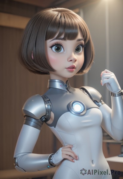 1girl,solo,breasts,looking at viewer,short hair,bangs,brown hair,gloves,brown eyes,upper body,small breasts,parted lips,artist name,indoors,hand up,blunt bangs,nail polish,blurry,lips,hand on hip,eyelashes,bodysuit,covered navel,blurry background,turtleneck,bob cut,clenched hand,skin tight,science fiction,white bodysuit,fingernails,makeup,android,joints,cyborg,robot joints