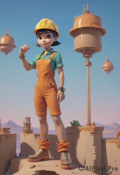 1girl,solo,looking at viewer,smile,short hair,shirt,black hair,hat,twintails,brown eyes,jewelry,closed mouth,standing,full body,short sleeves,boots,outdoors,sky,shoes,shorts,day,socks,collared shirt,black eyes,bracelet,blue sky,brown footwear,helmet,wristband,sneakers,child,watch,green shirt,female child,wristwatch,overalls,yellow headwear,brown hair,overall shorts