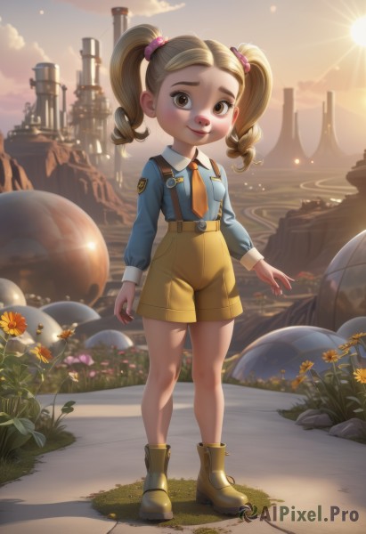 1girl,solo,long hair,looking at viewer,blush,smile,blonde hair,brown hair,shirt,hair ornament,long sleeves,twintails,brown eyes,closed mouth,standing,full body,flower,boots,outdoors,necktie,sky,shorts,collared shirt,cloud,lips,short shorts,drill hair,suspenders,blue shirt,hair bobbles,child,twin drills,sunset,rock,sun,female child,orange necktie,suspender shorts,yellow necktie