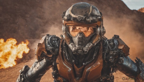 solo,1boy,upper body,male focus,armor,blurry,mask,blurry background,helmet,robot,goggles,1other,smoke,science fiction,realistic,explosion,damaged,power armor,dust,looking at viewer,military,fire,desert