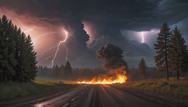 outdoors,sky,cloud,tree,no humans,cloudy sky,grass,fire,nature,scenery,forest,smoke,mountain,electricity,road,bush,lightning,landscape,path,burning,rain