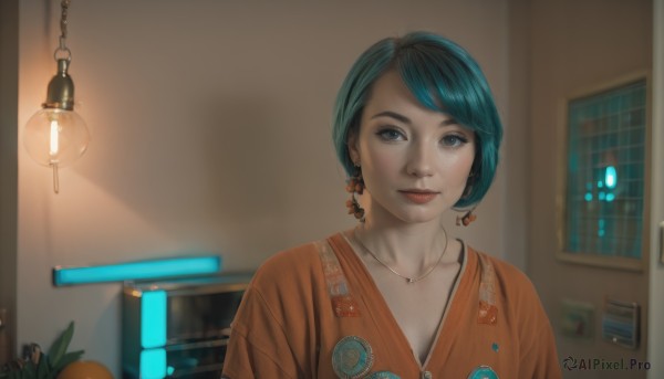 1girl,solo,looking at viewer,smile,short hair,bangs,blue eyes,shirt,jewelry,closed mouth,blue hair,upper body,earrings,indoors,necklace,blurry,lips,aqua hair,makeup,swept bangs,plant,freckles,realistic,nose,door,potted plant,lamp,orange shirt,light bulb,food,green hair,fruit,lipstick,badge,orange (fruit),button badge