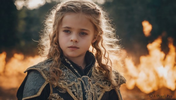 1girl,solo,long hair,looking at viewer,blue eyes,blonde hair,brown hair,closed mouth,upper body,armor,blurry,lips,grey eyes,depth of field,blurry background,wavy hair,expressionless,fire,shoulder armor,portrait,curly hair,pauldrons,realistic,freckles