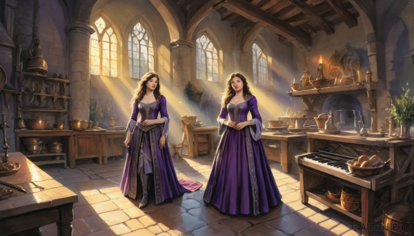 long hair,breasts,multiple girls,brown hair,black hair,long sleeves,dress,2girls,jewelry,standing,indoors,wide sleeves,cup,window,chair,table,sunlight,plant,instrument,purple dress,light rays,wooden floor,stairs,fantasy,potted plant,candle,sunbeam,vase,piano,candlestand,smile,holding,cleavage,brown eyes,medium breasts,collarbone,boots,food,day,necklace,looking at another,book,knife,scenery,long dress,bread,quill,arch,chandelier