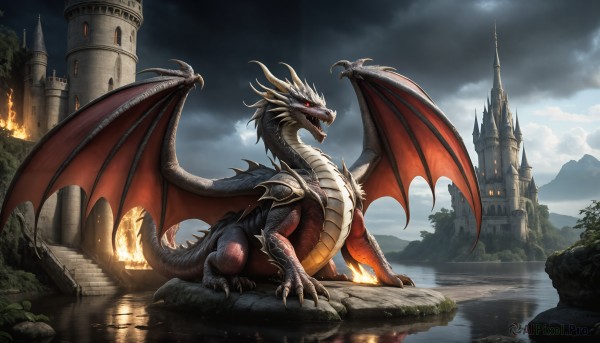 HQ,solo,open mouth,red eyes,tail,outdoors,wings,horns,sky,teeth,cloud,water,no humans,glowing,fangs,cloudy sky,fire,sharp teeth,scenery,claws,reflection,monster,mountain,fantasy,dragon,scales,river,castle,tower,dragon wings,breathing fire,tree,nature,spikes,rock,ruins