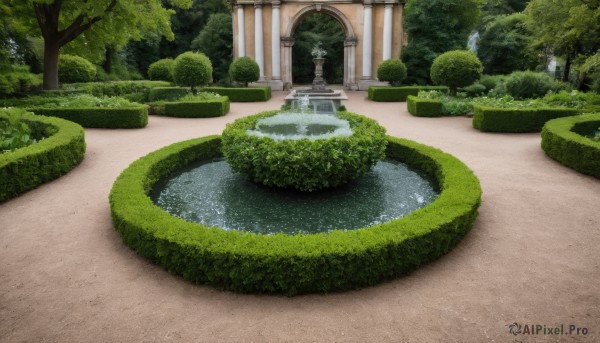 outdoors,day,water,tree,no humans,grass,plant,building,nature,scenery,forest,bush,pillar,waterfall,statue,column,fountain,garden