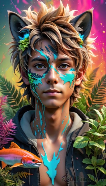 solo,looking at viewer,short hair,brown hair,hair ornament,1boy,animal ears,brown eyes,closed mouth,jacket,upper body,male focus,open clothes,artist name,cat ears,hood,open jacket,lips,hoodie,leaf,watermark,hood down,plant,portrait,freckles,fish,nose,cat boy,paint splatter,paint,goldfish,paint splatter on face,bangs,collarbone,animal,looking up,realistic,drawstring,facepaint,leaf hair ornament