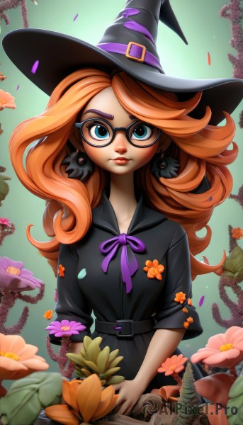 1girl,solo,long hair,looking at viewer,blue eyes,hat,dress,ribbon,holding,jewelry,closed mouth,upper body,flower,earrings,glasses,belt,orange hair,black dress,lips,eyelashes,black headwear,neck ribbon,makeup,witch hat,swept bangs,leaf,watermark,thick eyebrows,plant,lipstick,buckle,pink flower,eyeshadow,freckles,black-framed eyewear,curly hair,nose,purple flower,purple ribbon,witch,mushroom,orange flower,mascara,breasts,medium breasts,red hair,artist name,petals,animal,cat,web address,bespectacled,belt buckle,black cat