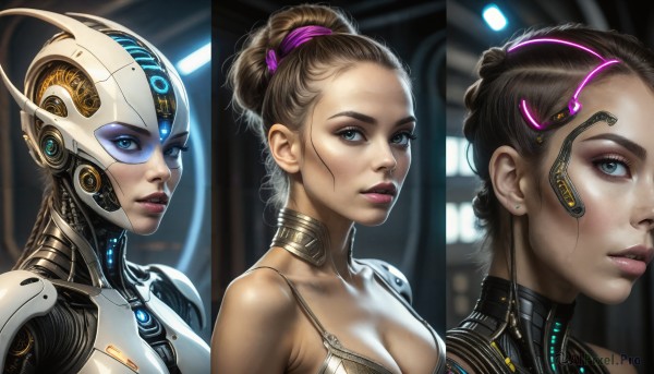 HQ,breasts,looking at viewer,blue eyes,multiple girls,brown hair,hair ornament,cleavage,jewelry,medium breasts,ponytail,earrings,parted lips,choker,3girls,hair bun,lips,makeup,headgear,single hair bun,portrait,eyeshadow,science fiction,realistic,stud earrings,cyborg,hair pulled back,cyberpunk,mechanical parts,short hair,brown eyes,underwear,green eyes,upper body,hairclip,dark skin,bra,dark-skinned female,close-up,nose,android,very dark skin,updo,earpiece