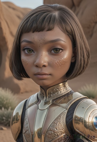 1girl,solo,looking at viewer,short hair,bangs,brown hair,brown eyes,closed mouth,upper body,outdoors,artist name,armor,mole,blurry,lips,eyelashes,mole under eye,blurry background,bob cut,shoulder armor,portrait,freckles,pauldrons,breastplate,realistic,nose,dirty,gorget,chainmail,plate armor,braid,day,signature,depth of field,desert